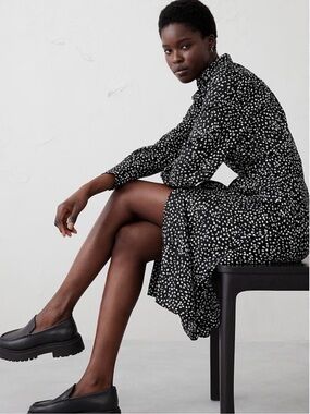 BANANA REPUBLIC FACTORY Tie-Waist Black & White Animal Print Midi Shirtdress